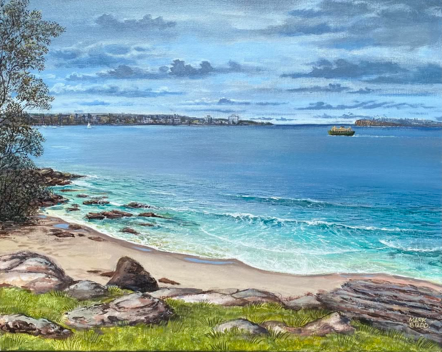 Painting of a beach with rocks, grassy area, and a large body of water. There is a ship sailing on the water and a city skyline in the distance under a cloudy sky.