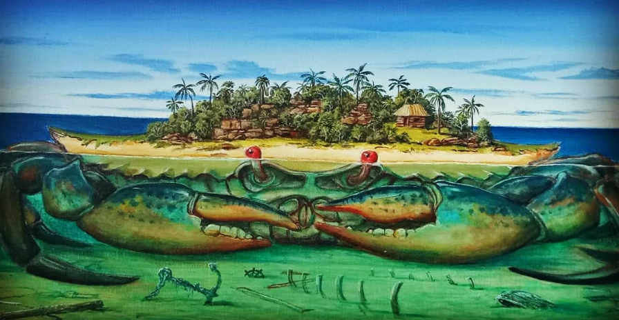A colorful painting of a tropical island with palm trees and huts, in the foreground a large crab with red eyes and a painted body, partially submerged in water.