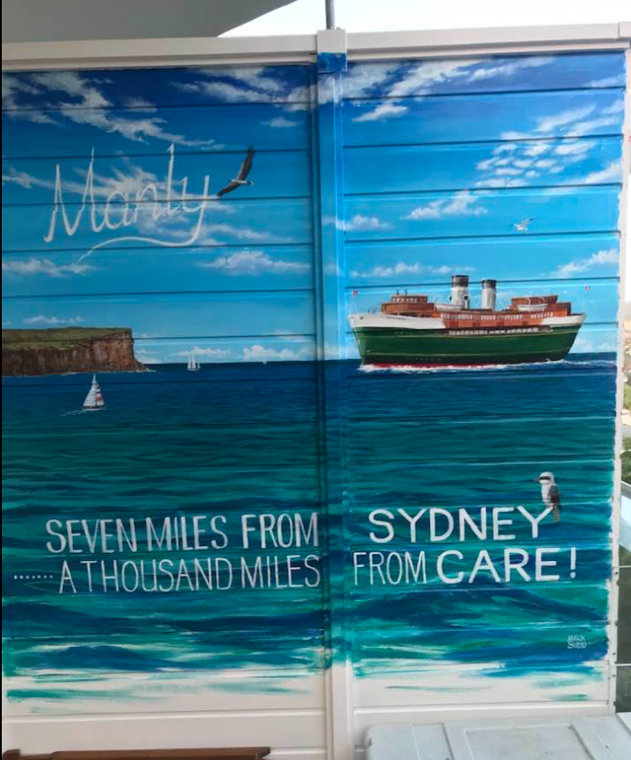 Painted mural depicting a seascape with a green and white cruise ship, sailboats, a rocky cliff, and a sailing bird in the sky. Text on mural reads: "Mostly seven miles from a thousand miles, Sydney from Care!"
