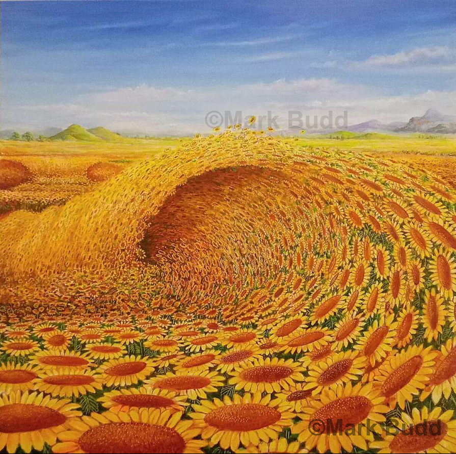 Surreal painting of a field of sunflowers with waves crashing over it by Mark Budd