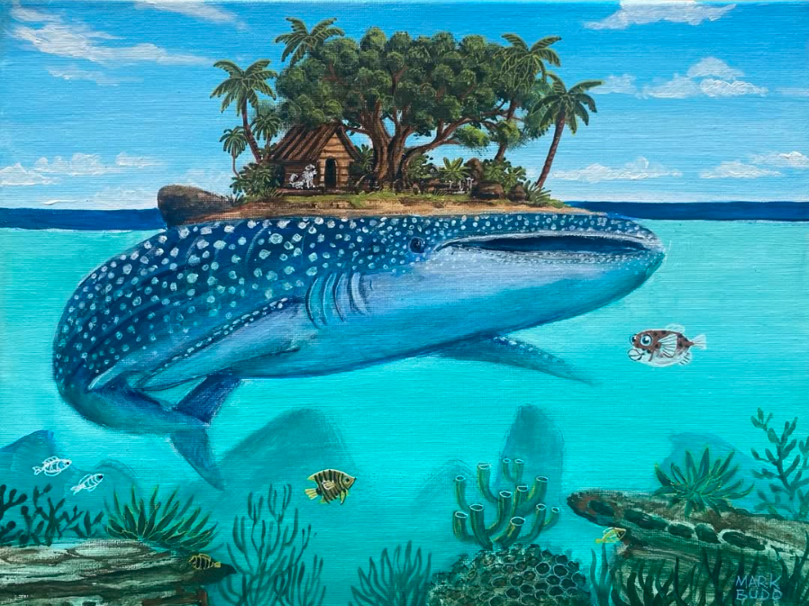 A painting of an underwater scene with a large whale shark swimming near the ocean floor, colorful fish, coral, and sea plants. In the background is a tropical island with palm trees, a small wooden hut, and a person sitting outside.