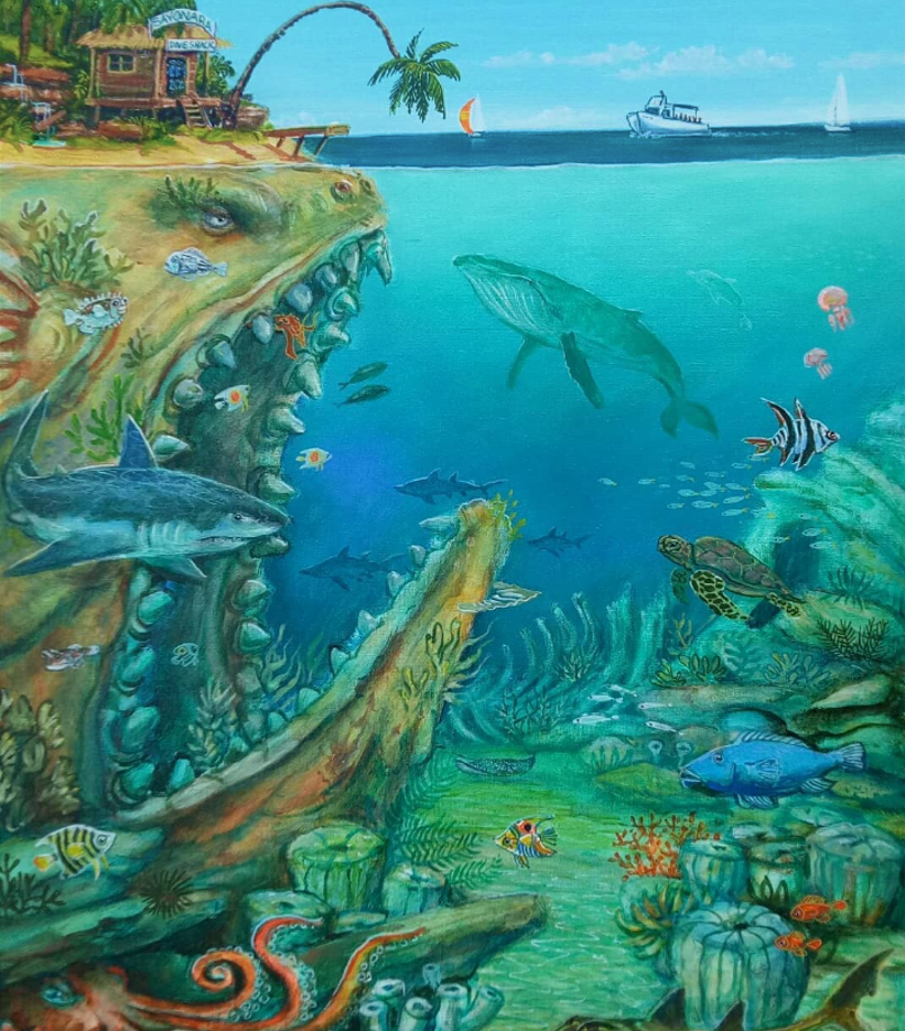 Colorful underwater scene with various fish, a turtle, aquatic plants, and a sunken tree, with a coastline and boats in the background.