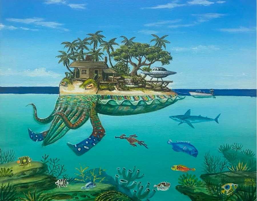 Artistic scene of an island with palm trees, a house, and a spaceship, floating above an underwater landscape with sea creatures including a giant octopus with a house on its back, a shark, fish, and coral.