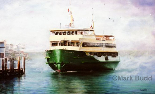 Detailed realistic painting of the Manly Ferry on Sydney Harbour, capturing light and water reflections by Mark Budd