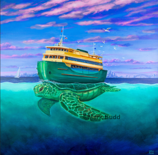 Surreal painting of the Manly Ferry as a turtle in Sydney Harbour by Mark Budd