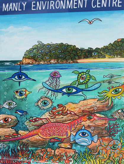 Colorful underwater scene with various fish, sea creatures, and plants, with an island and a body of water in the background. The scene includes eyes on fish and other sea animals, in a vibrant, cartoon style.