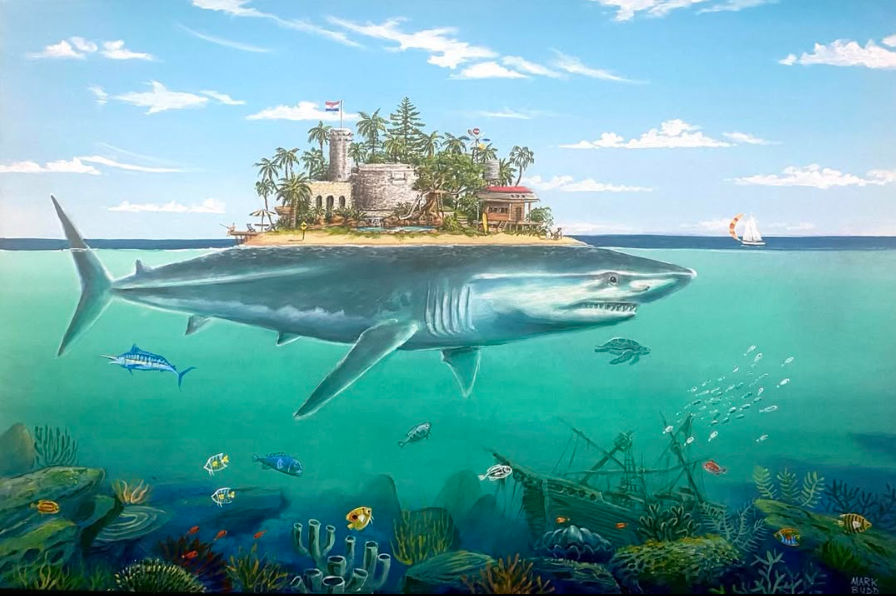 An underwater scene with a large shark swimming near a shipwreck and colorful reef, with an island featuring palm trees, a castle, and a sailboat in the background.