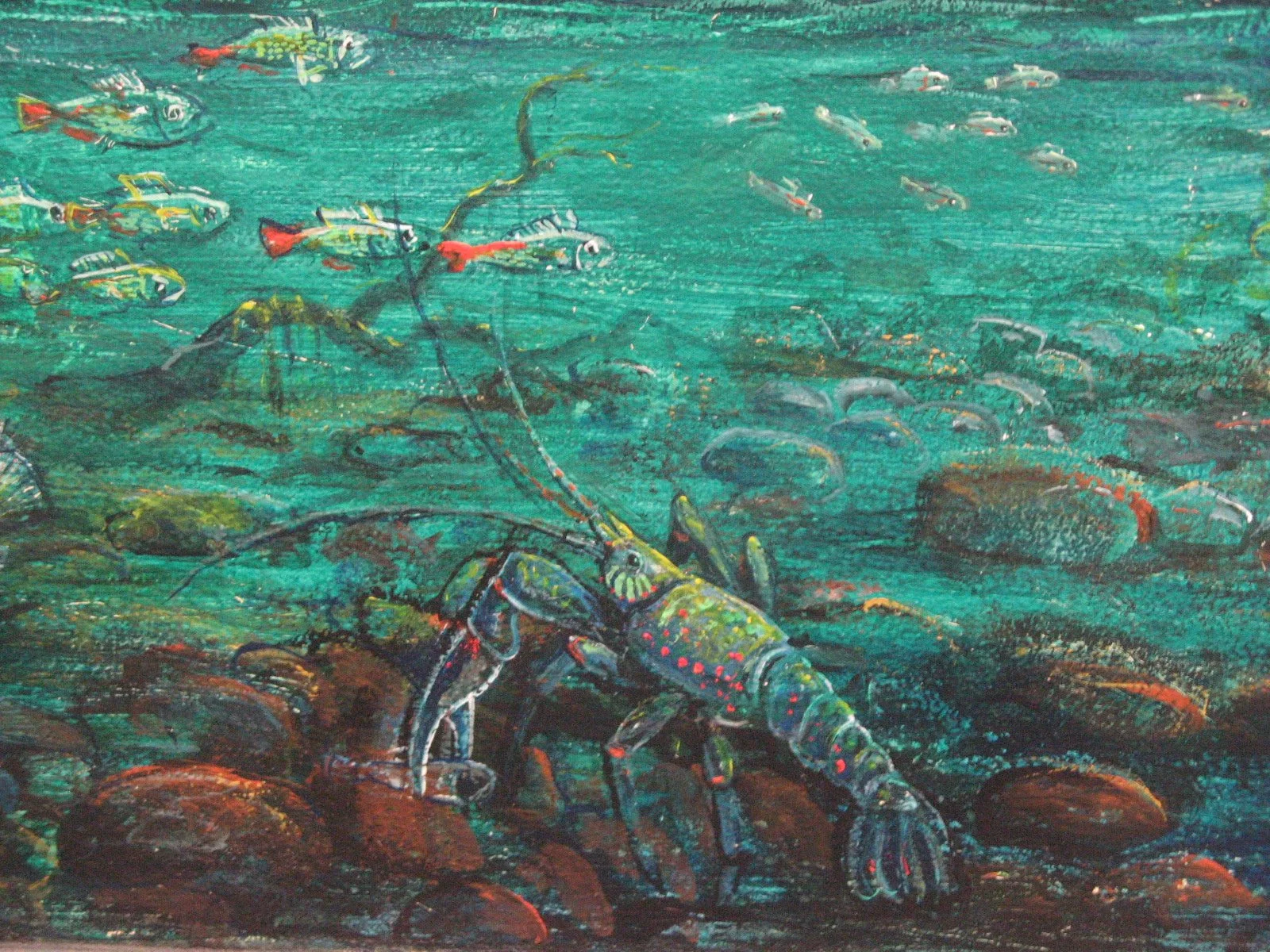 A painted underwater scene featuring a large crayfish with a green body, red and yellow spots, and long antennae amidst rocks and smaller fish swimming in the background.