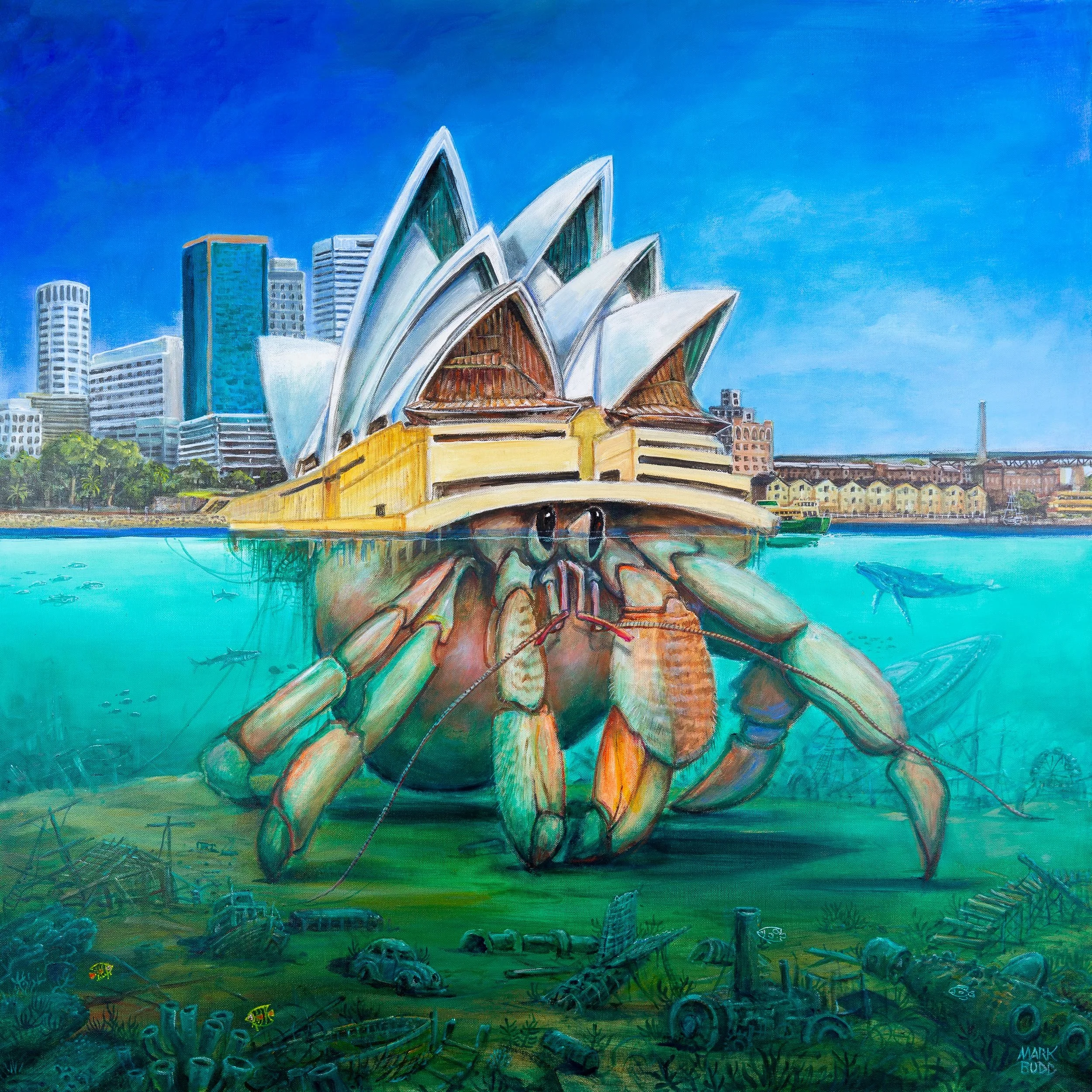 Painting of the Sydney Opera House with a giant crab in the foreground, submerged underwater among wreckage and sharks, with city buildings in the background.