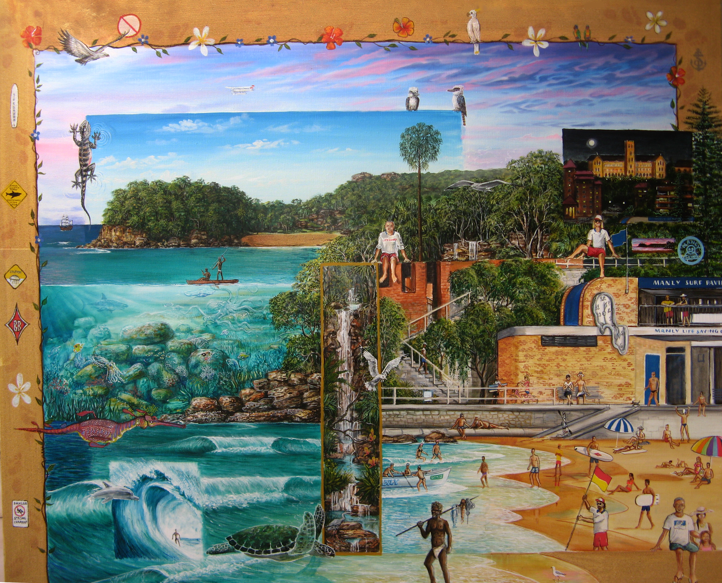 A collage of scenes from Manly Beach, Sydney, nature and a beach, featuring a clear blue sky, ocean, and people engaging in water activities, surrounded by greenery, trees, and a cityscape, with animals such as birds, a turtle, a dolphin, and a fish.
