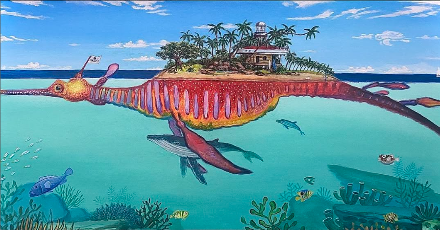 Colorful painting of a landmass with a lighthouse and palm trees, floating on the back of a giant seahorse underwater, with various fish and coral below.