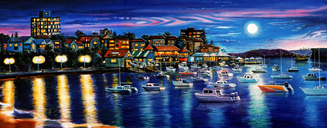 A colorful painting of a marina at night with boats in the water, illuminated houses along the shore, and a bright full moon in the sky.