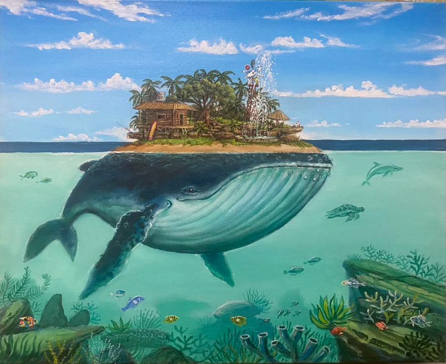 A painting depicting a large whale submerged underwater with a tropical island on its back. The island has trees, huts, a waterfall, and a surfboard. Various fish and sea creatures swim around the whale in clear blue water, with coral and rocks on the ocean floor.