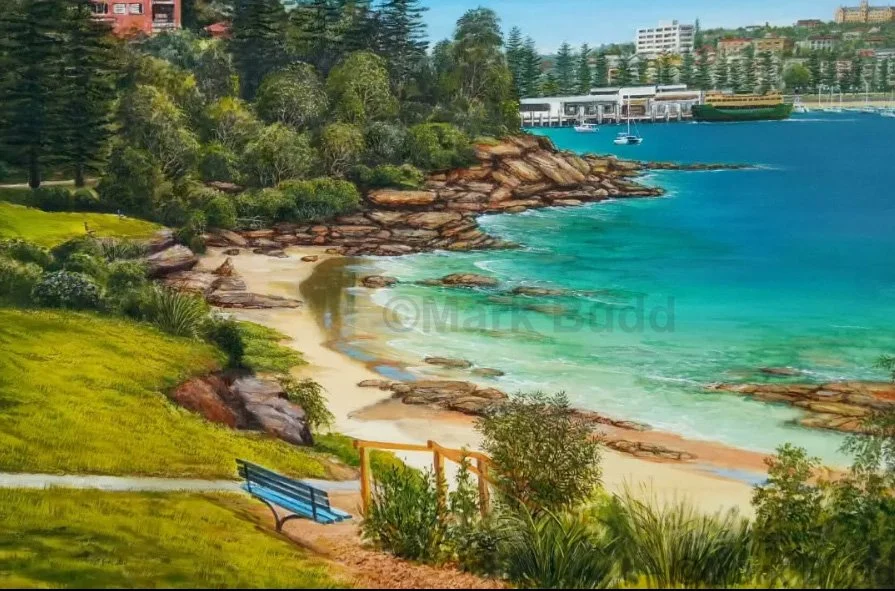 Surreal coastal painting of Dalwood Beach with whimsical elements by Mark Budd