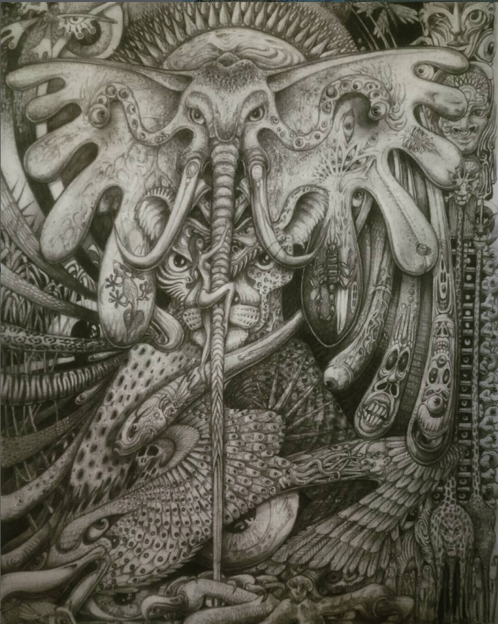 A highly detailed black-and-white drawing featuring a central creature with the body of an elephant and the head of a crab, surrounded by various surreal and fantastical creatures, patterns, and abstract designs.