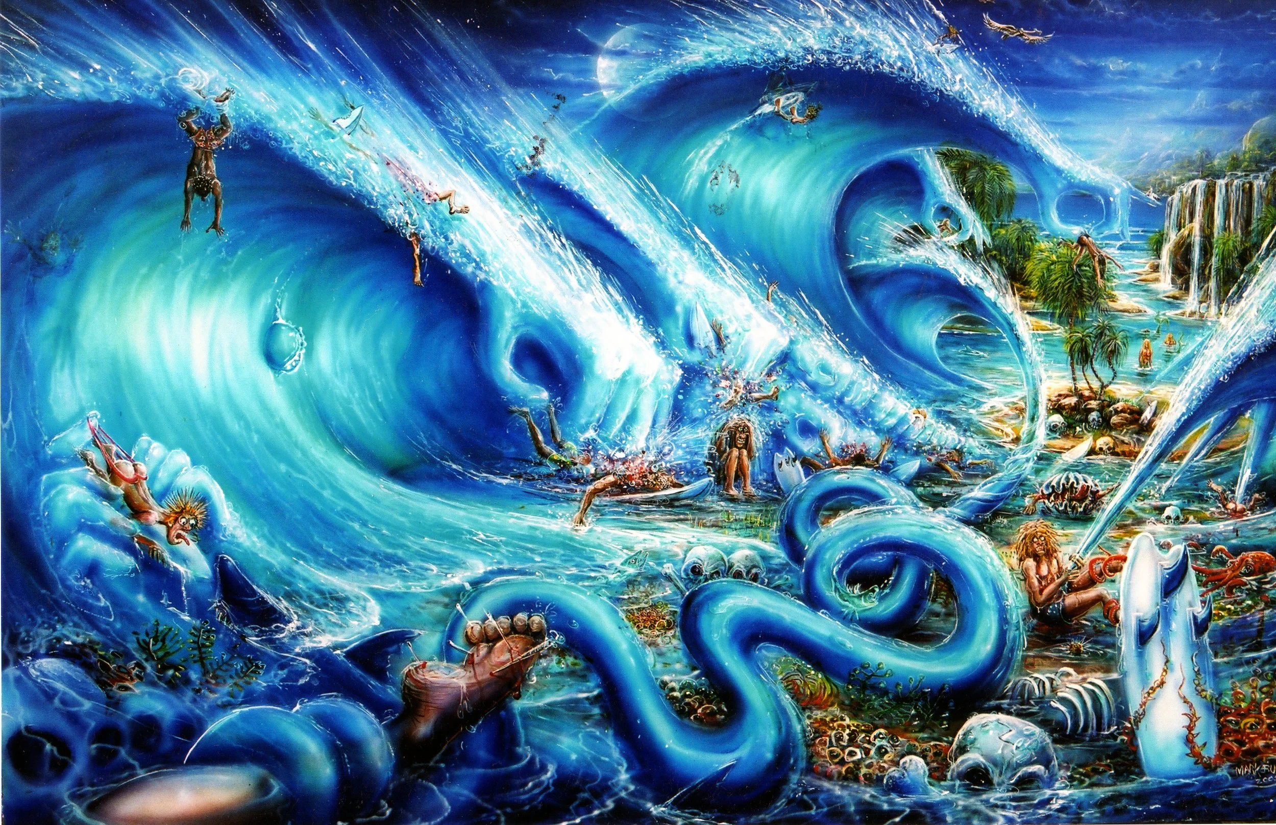A surreal, chaotic scene with large ocean waves and various people, some in distress, surrounded by sea creatures, skulls, and debris.