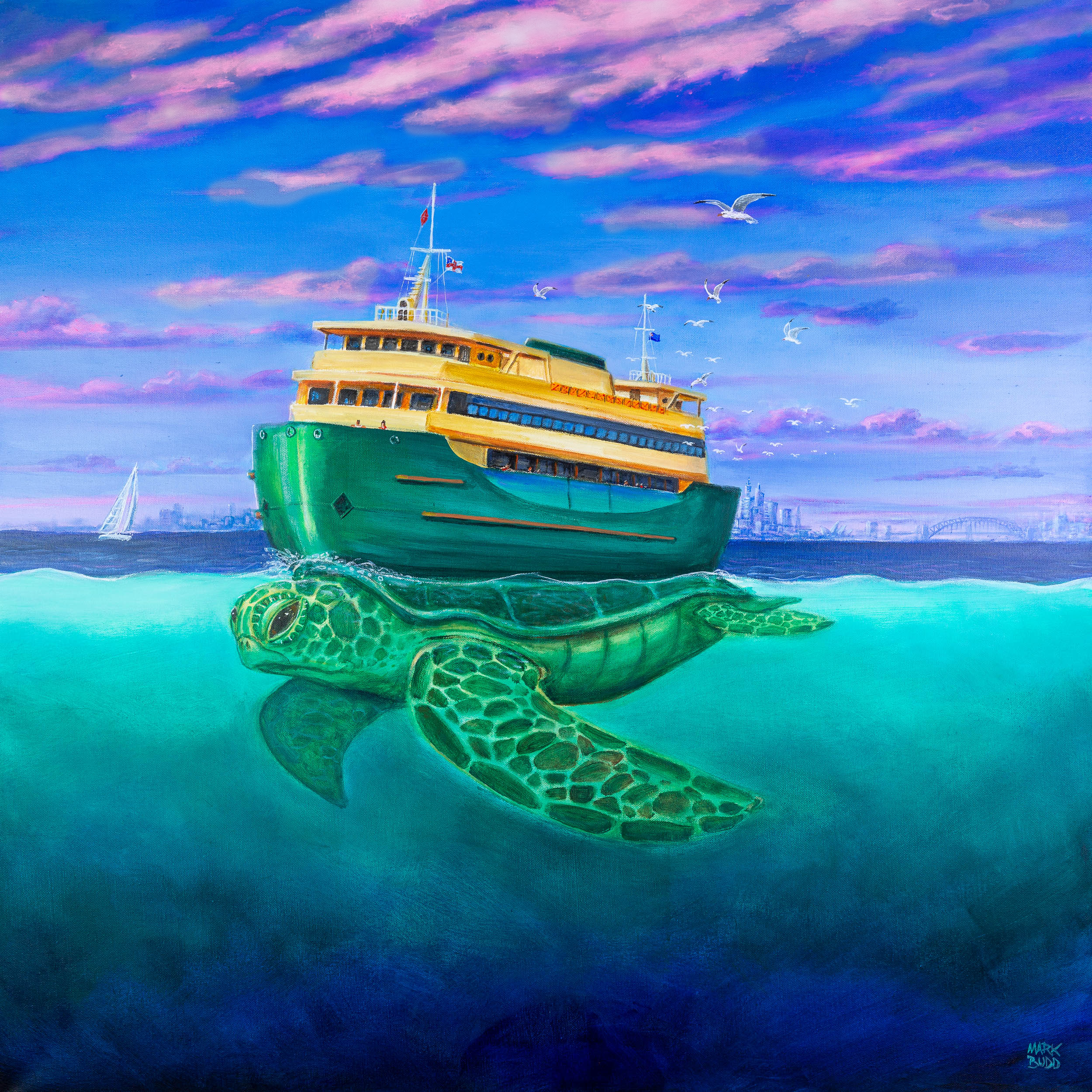 Painting of a green and yellow cruise ship above a large sea turtle swimming in the ocean, with seagulls flying in the sky and a city skyline in the distance.
