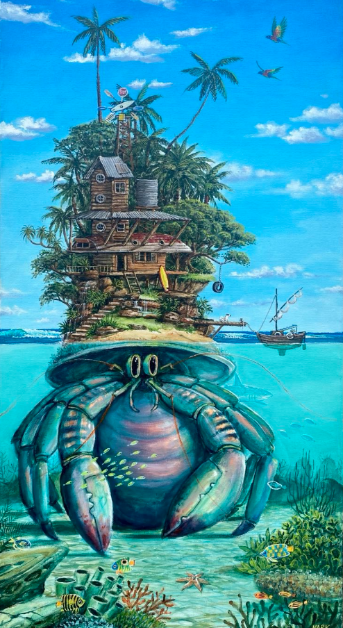 A large cartoonish crab underwater with big eyes and claws, beneath a coastal scene with a treehouse on stilts, palm trees, a boat, and colorful fish swimming in the water.