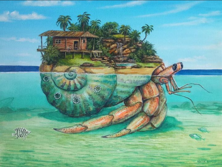 A surreal painting of a giant snail with a tropical island and hut on its shell, floating on water. The snail has colorful patterns on its shell and large claws with a landscape of palm trees, rocks, and a wooden house on top.