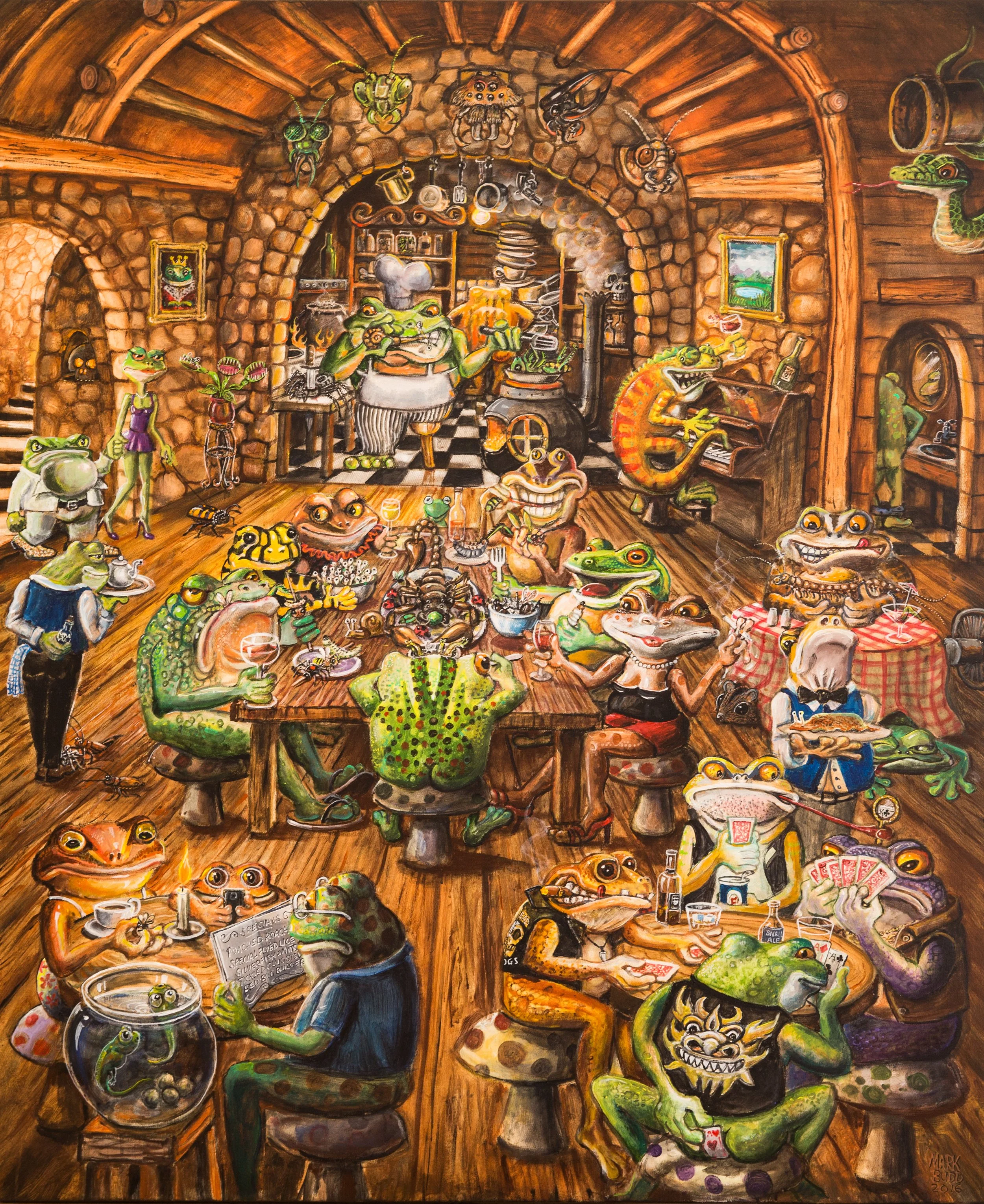 A lively cartoon scene inside a cozy wood-paneled restaurant filled with anthropomorphic frogs and lizards enjoying food, drinks, and playing music, with some frogs playing guitar, others cooking, and frogs and lizards conversing at tables.