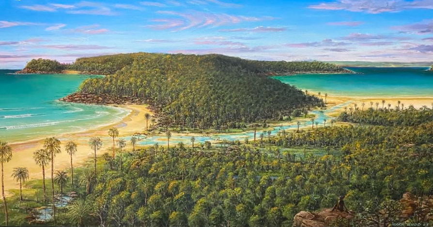 A tropical beach landscape featuring lush green trees and palm trees, sandy beaches, and turquoise ocean waters under a partly cloudy sky.