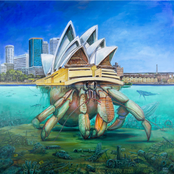 A surreal painting of the Sydney Opera House with a giant crab on the water in the foreground, and underwater debris, with city skyscrapers in the background.