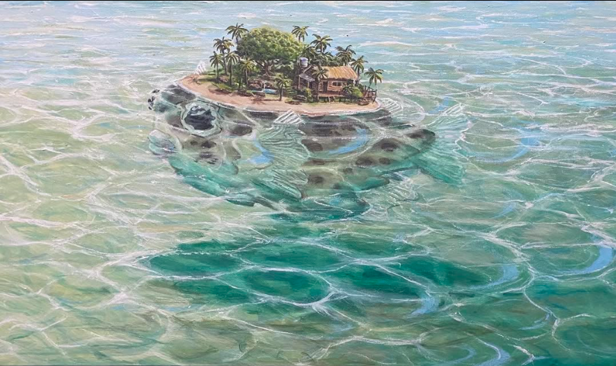 A floating island with trees and a house, with swirling water around it.