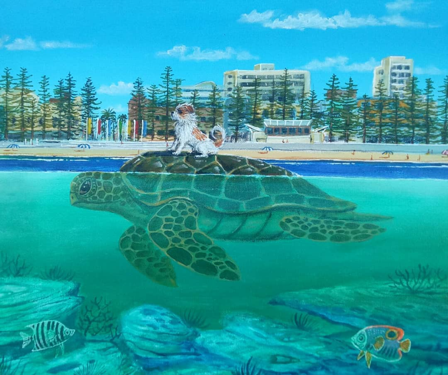 A painting of a Manly Sydney, Australia beach scene with a dog standing on a large turtle in the water, with buildings, trees, and umbrellas on the shore in the background.