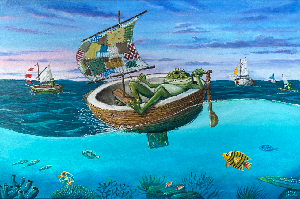 A frog relaxes in a small wooden boat with a patchwork sail on a calm sea, with four other sailboats in the background. The ocean below the surface shows colorful fish and coral, with a hint of the underwater environment.