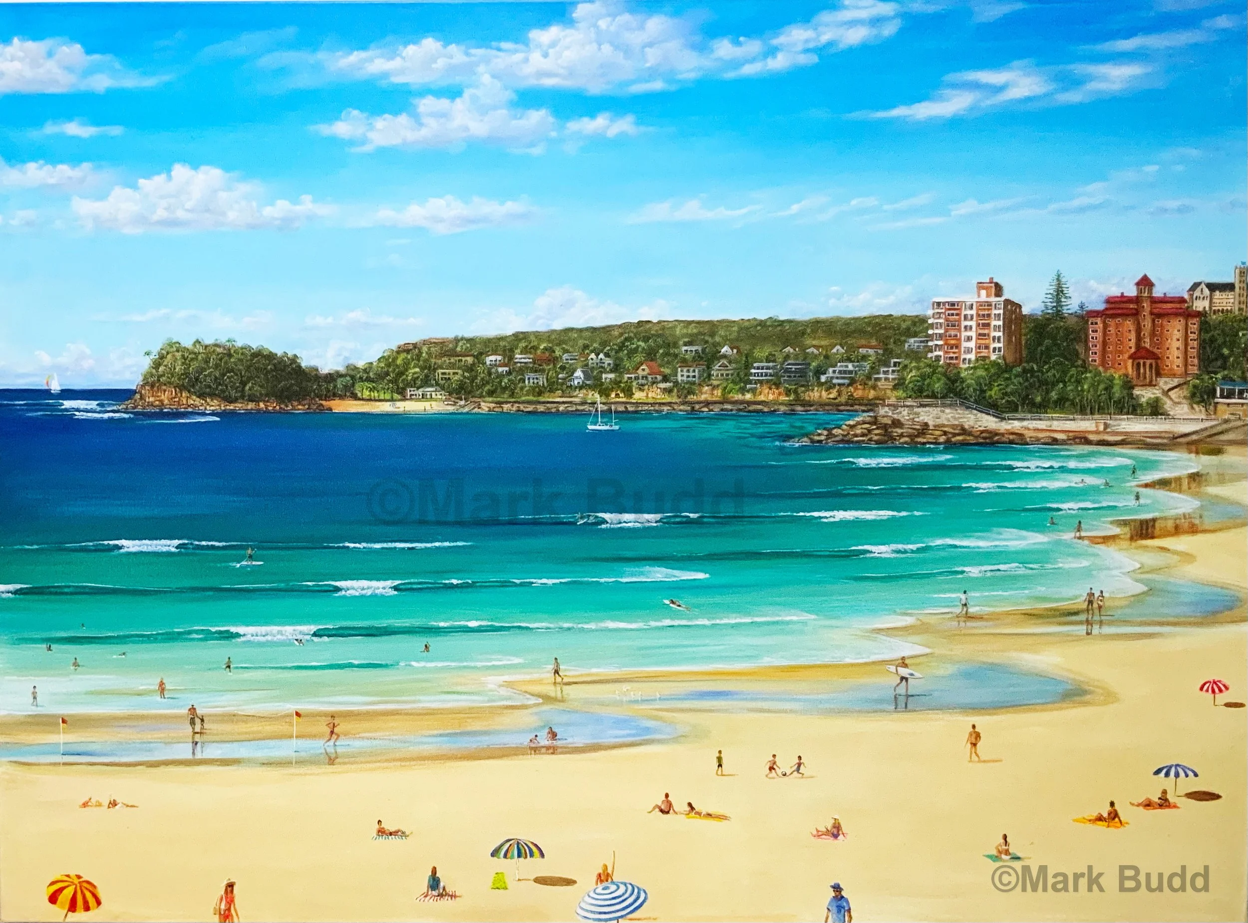 Surreal coastal artwork featuring Manly Beach and Shelly Beach with dreamy and whimsical elements by Mark Budd
