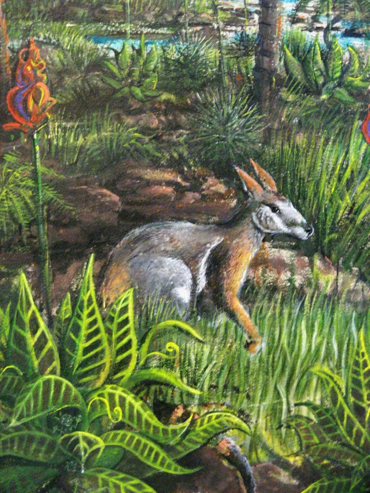 Painting of a fox with large ears in a lush jungle setting surrounded by green plants and ferns, with trees and water in the background.