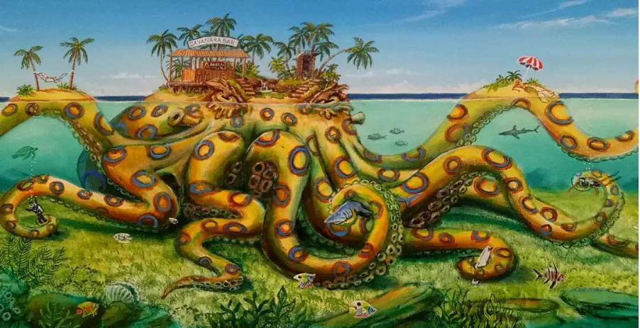 Colorful illustration of a large octopus with orange and blue spots, blending into the coastal scenery. The octopus is underwater with its tentacles rising above the ocean floor towards a beach with palm trees, a small island, and a thatched-roof bar called 'Sananara Bar.' The scene includes marine life, plants, and a swimmer in the background.