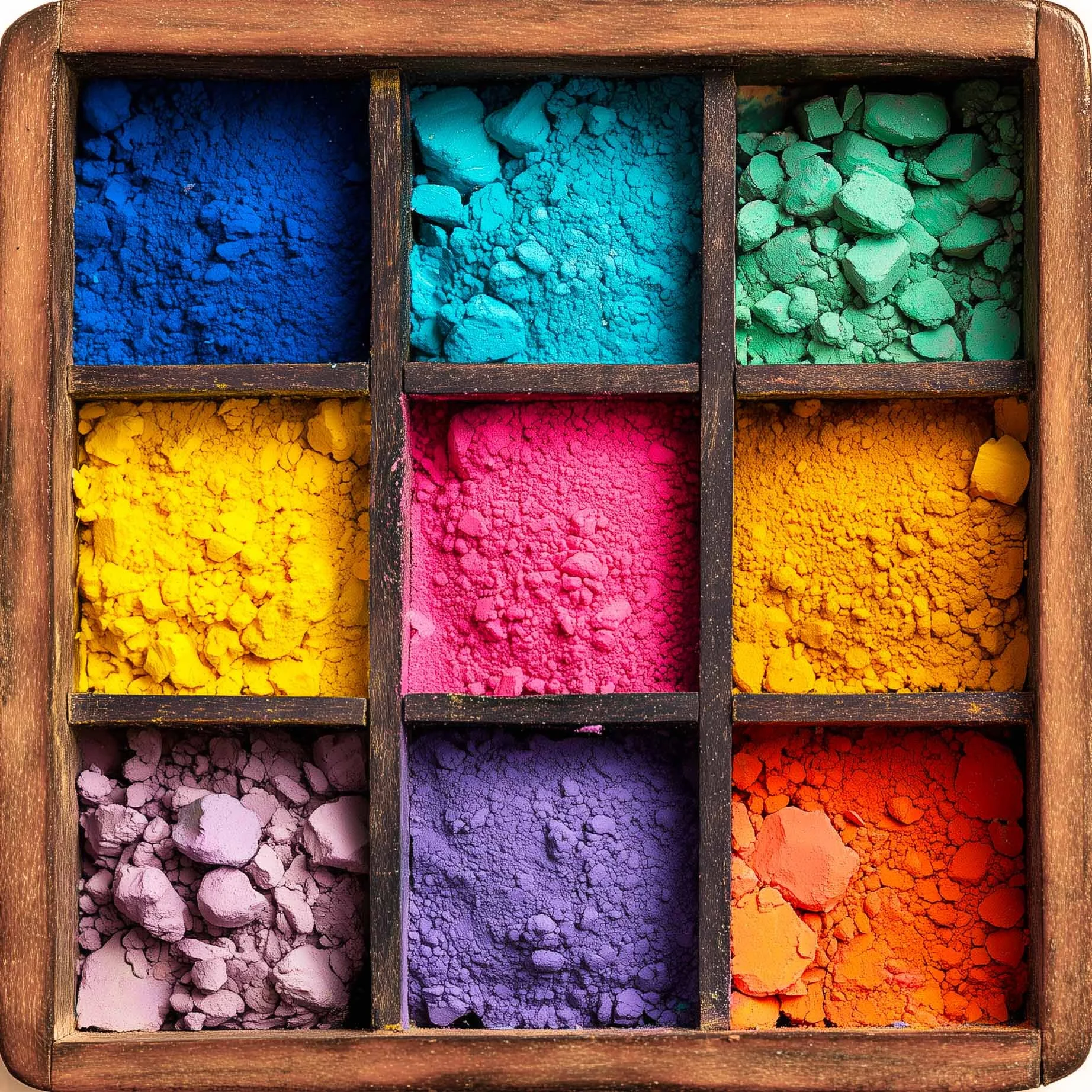 Eine Holzschatulle mit neun Fächern, die jeweils mit buntem Pulver in den Farben Blau, Cyan, Grün, Gelb, Pink, Orange, Lila, Violett und Rosa gefüllt sind.