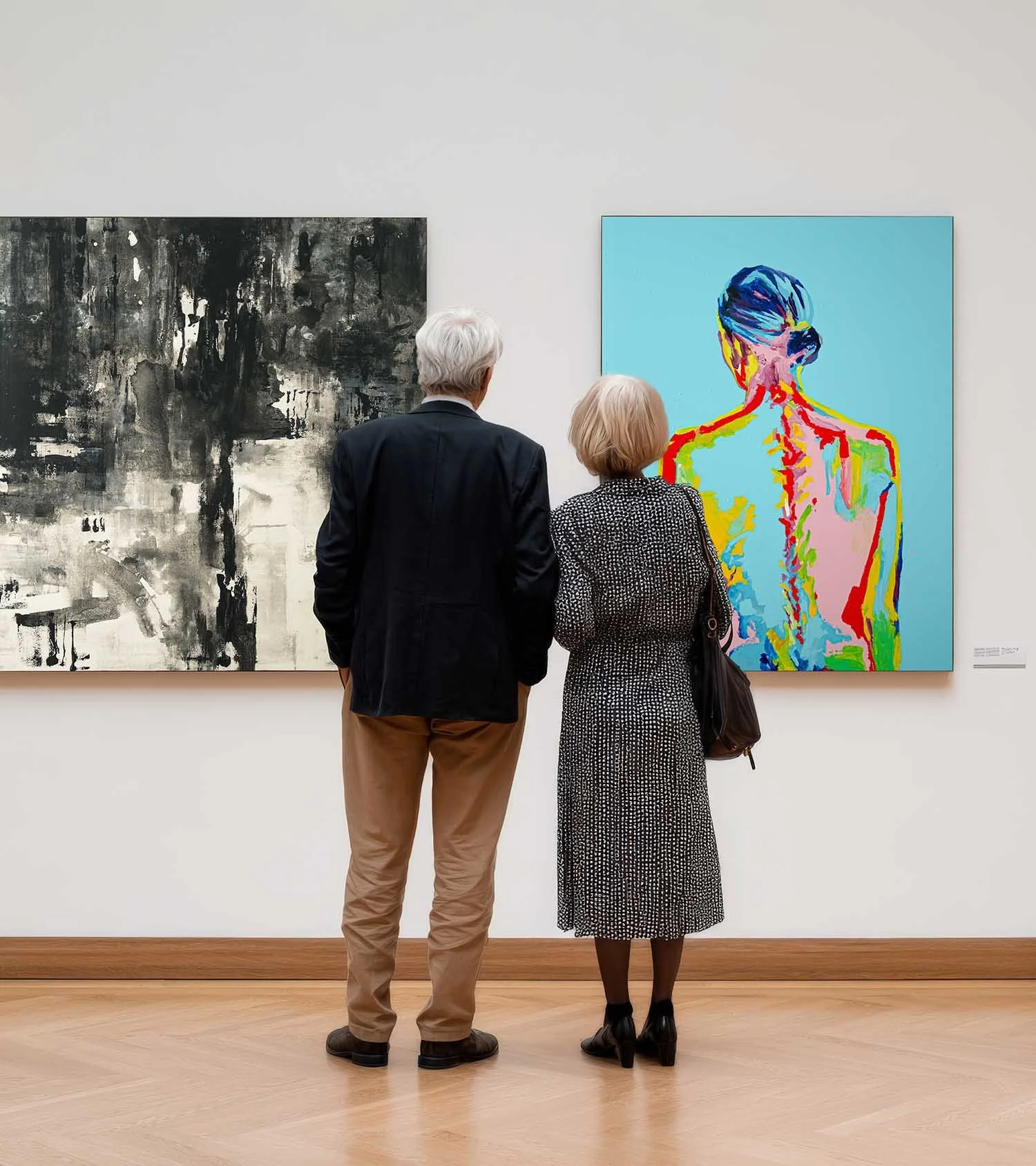 Ein älteres Paar betrachtet Gemälde in einer Kunstgalerie. Das linke Gemälde ist schwarz-weiß abstrakt, das rechte ist ein farbenfrohes, stilisiertes Porträt einer bedeckten Frau.