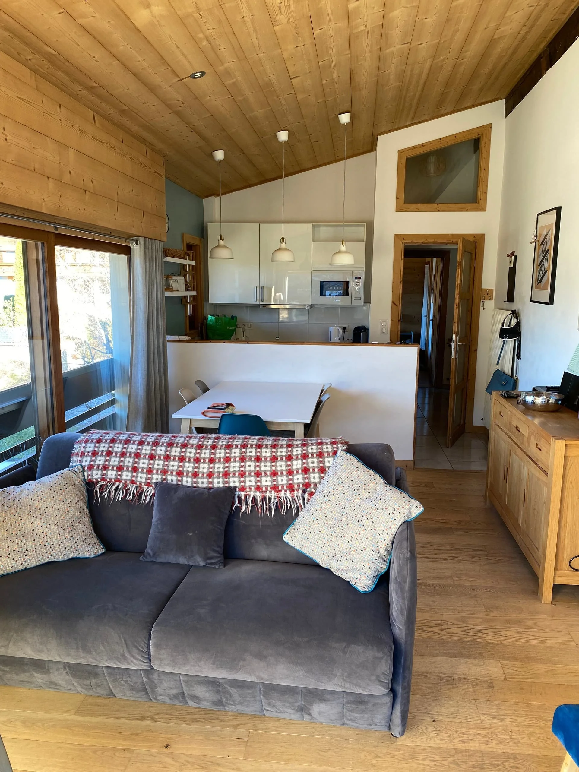 A cozy living room , 3 bedroom apartment in central Morzine, next to the Super Morzine ski lift