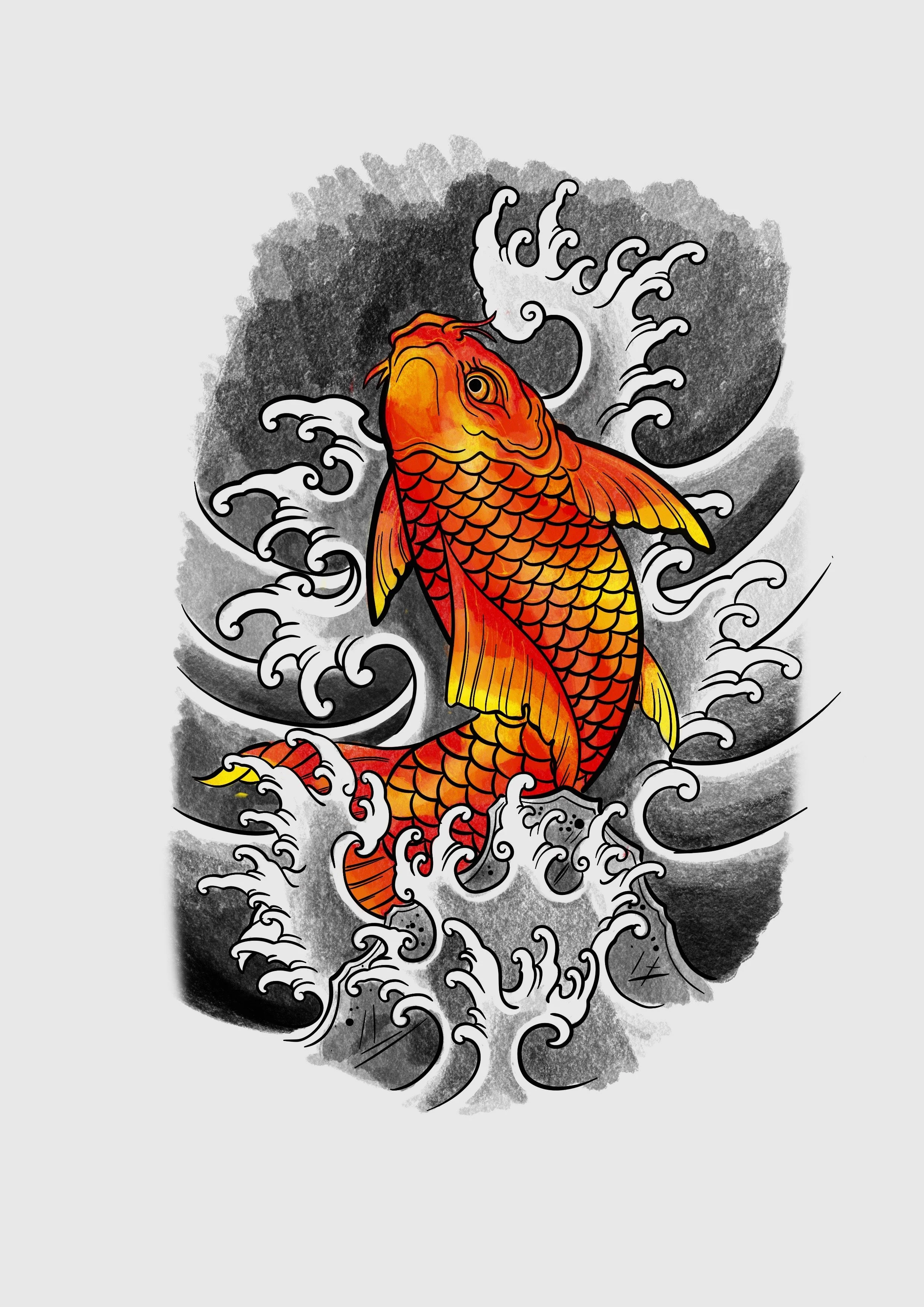 Dibujo de un pez de colores anaranjados y amarillos con olas de agua en el fondo.