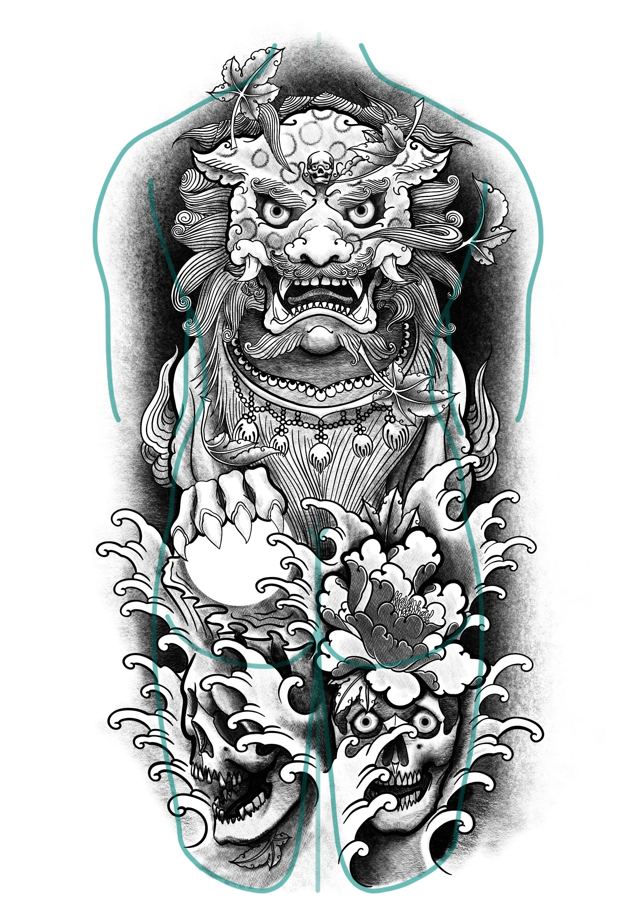 Tatuaje en estilo de arte tradicional que representa un león feroz con expresión agresiva, rodeado de elementos como olas, calaveras, flores, hojas y líneas decorativas en tonos oscuros y detalles en blanco y negro.