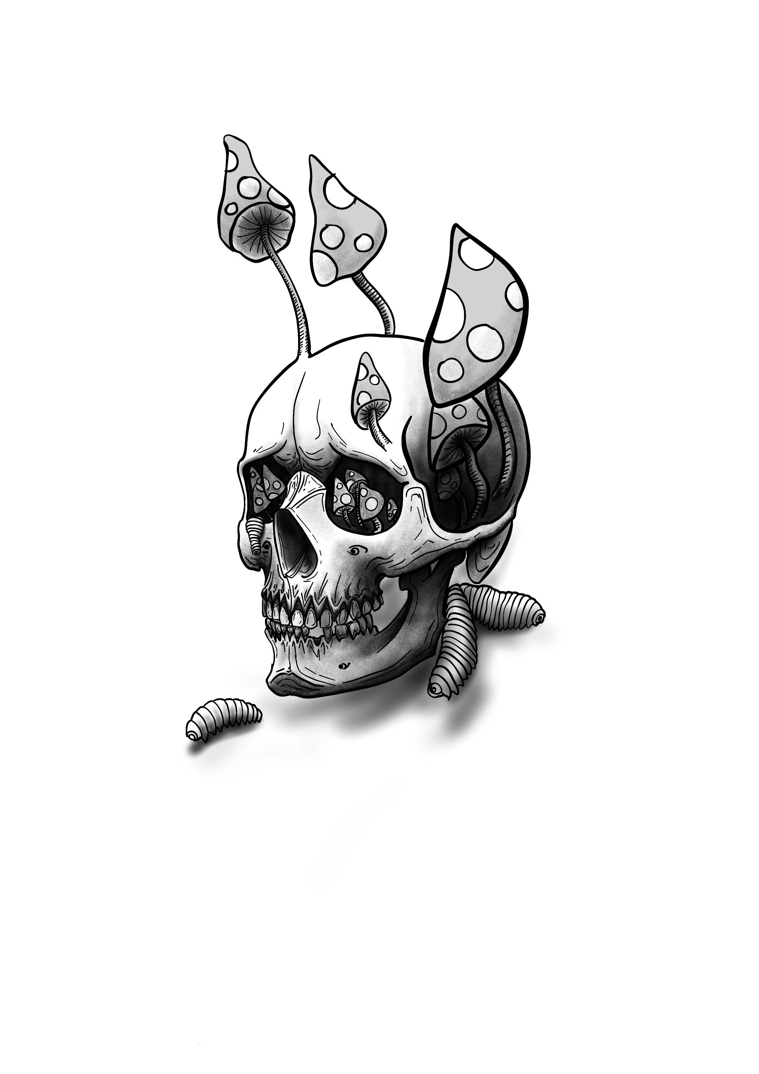 Calavera con hongos y lombrices, dibujos en tonos de gris en estilo artístico oscuro.