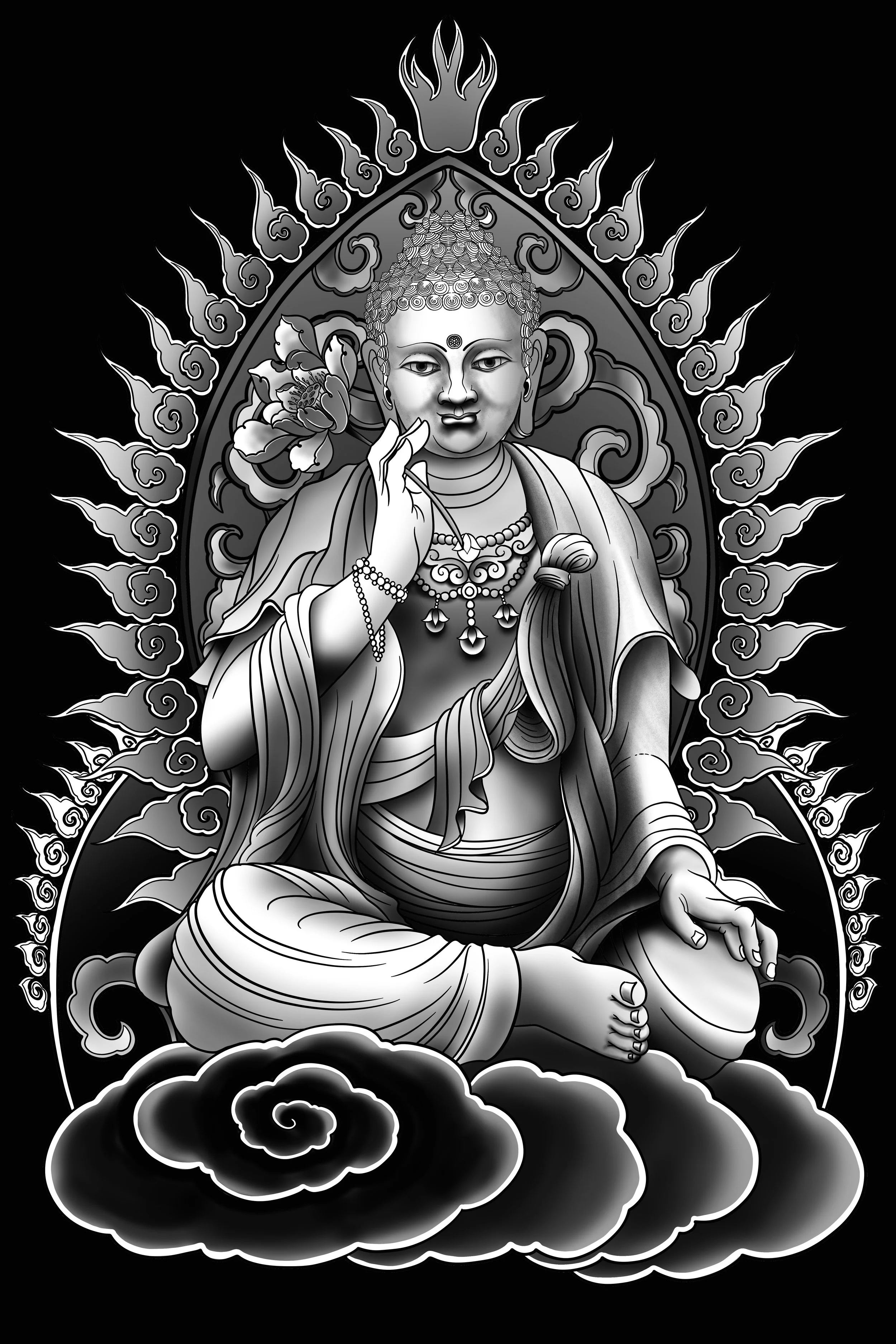 Imagen en color gris de una figura religiosa sentada en nubes, rodeada por un halo de llamas, con adornos en el cuello y sosteniendo una flor en una mano.