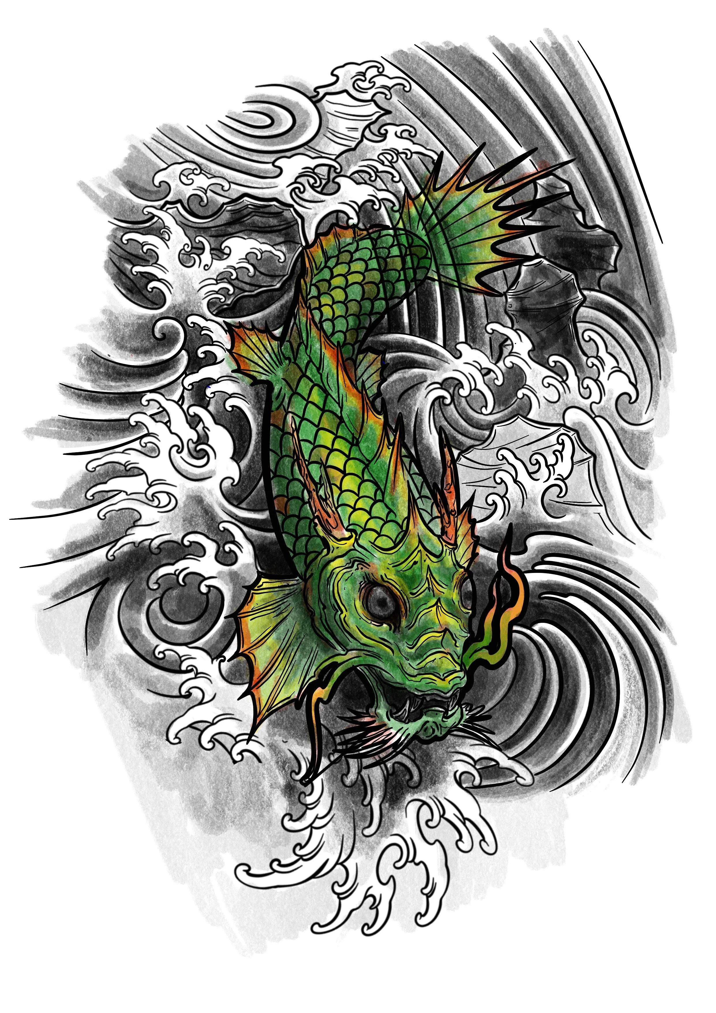 Dibujo de un pez con escamas verdes y aletas naranjas nadando entre olas y agua turbulenta.