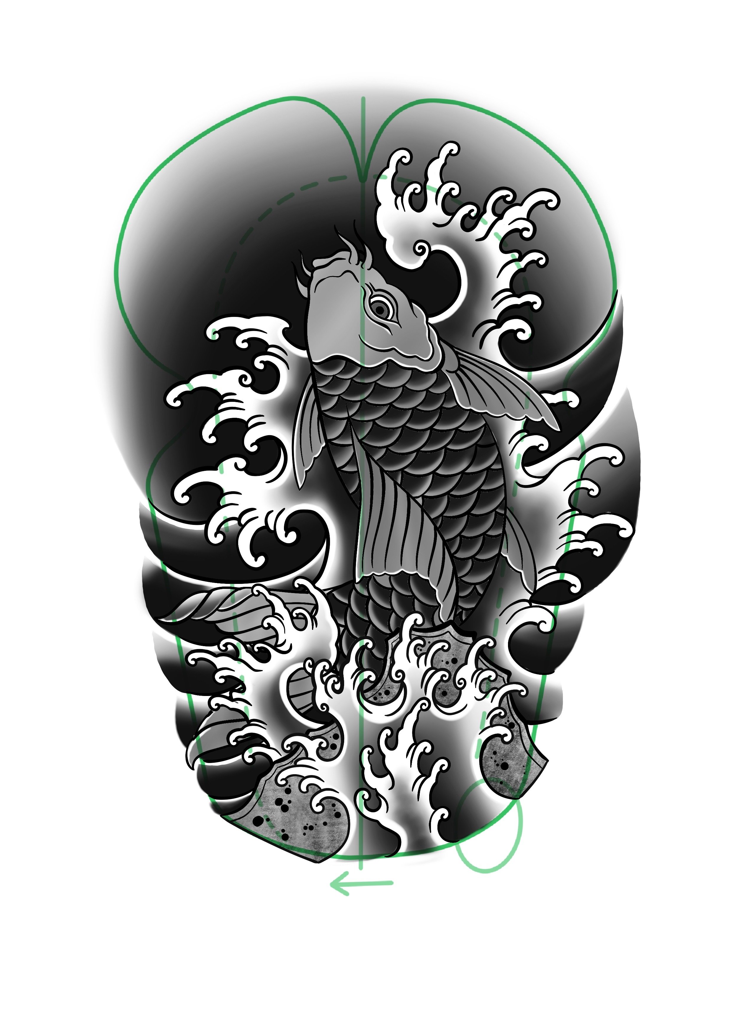 Un tatuaje en estilo tradicional de un pez koi en tonos de gris y negro, rodeado de olas estilizadas.