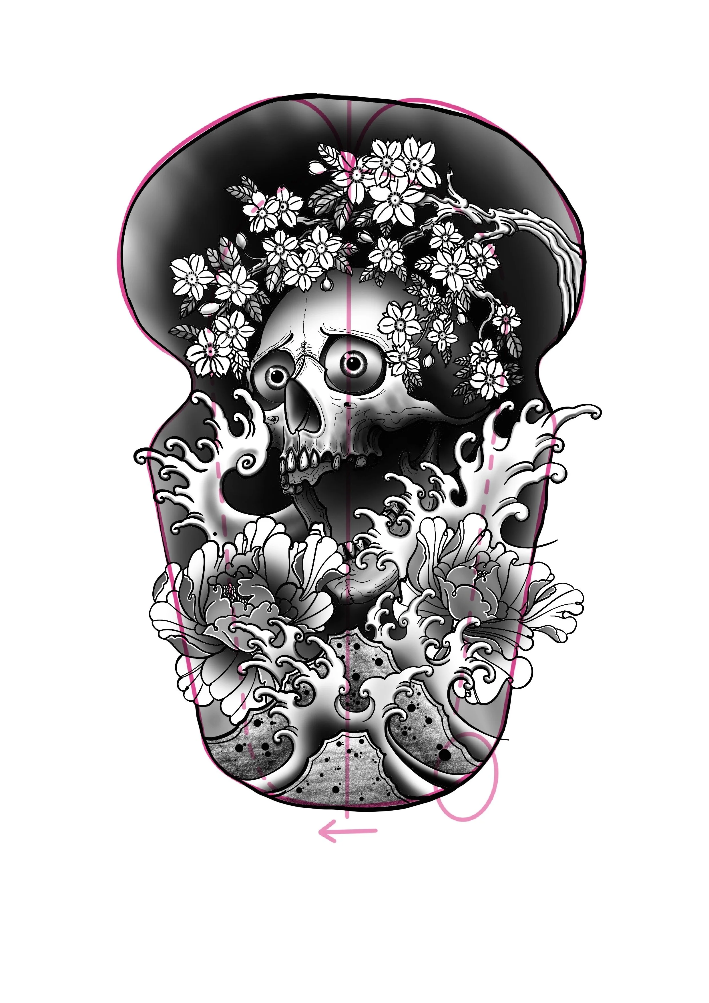 Dibujo en estilo de tatuaje que presenta un cráneo con ojos grandes, rodeado de flores, ramas y olas, con fondo en tonos oscuros y detalles en blanco y negro.