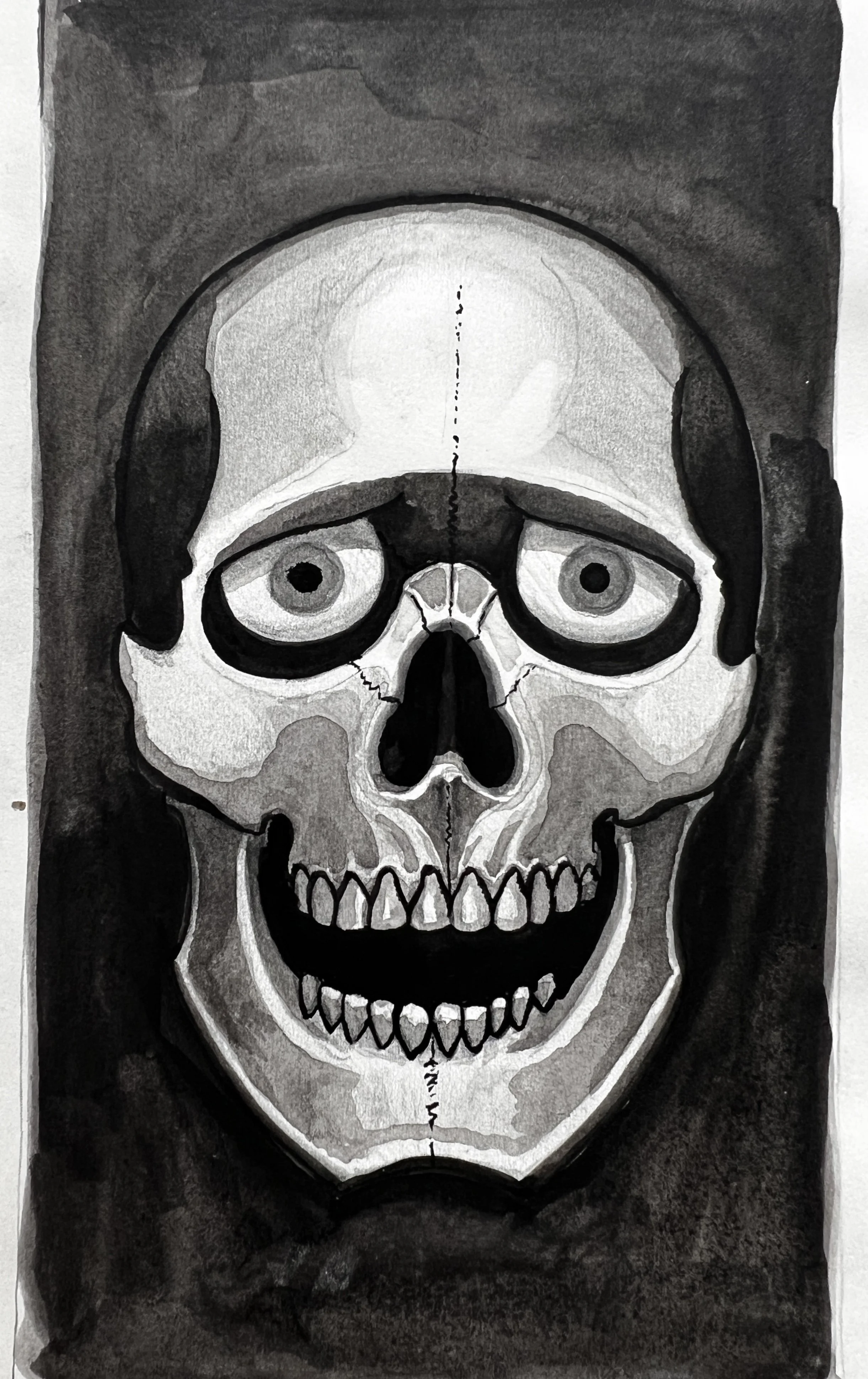 Dibujo en blanco y negro de un cráneo humano con detalles en sombras, en un fondo oscuro.