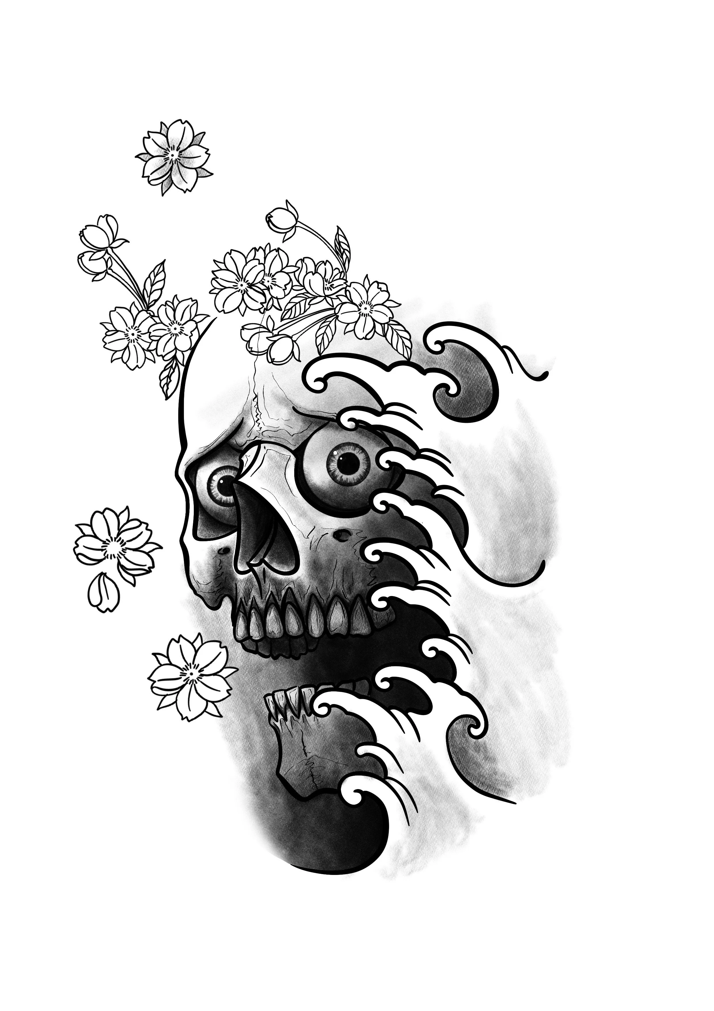 Dibujo en blanco y negro de una calavera con flores y olas.
