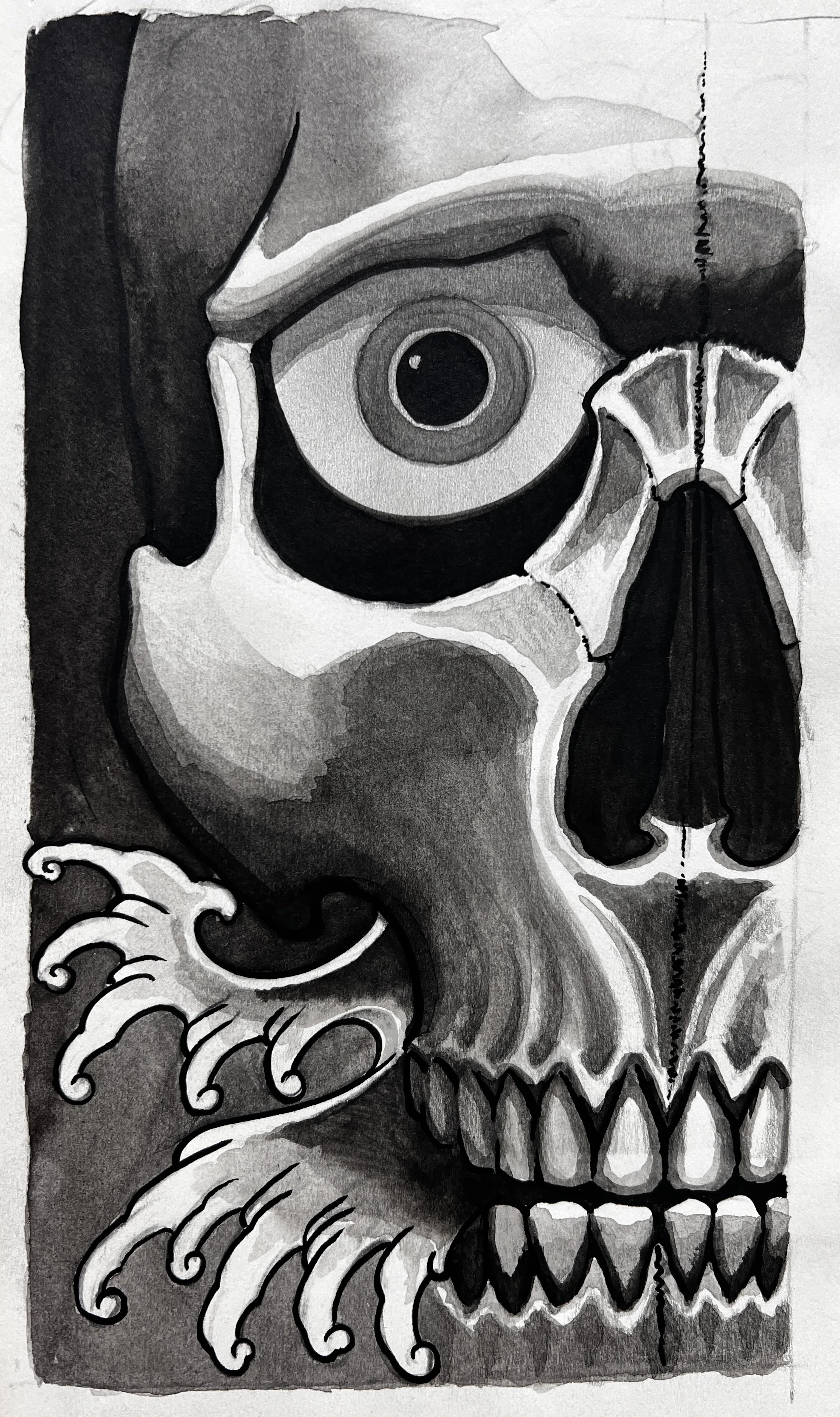 Dibujo en tonos negros y blancos de un cráneo fusionado con un ojo y un pez. El cráneo tiene una apariencia artística y abstracta.