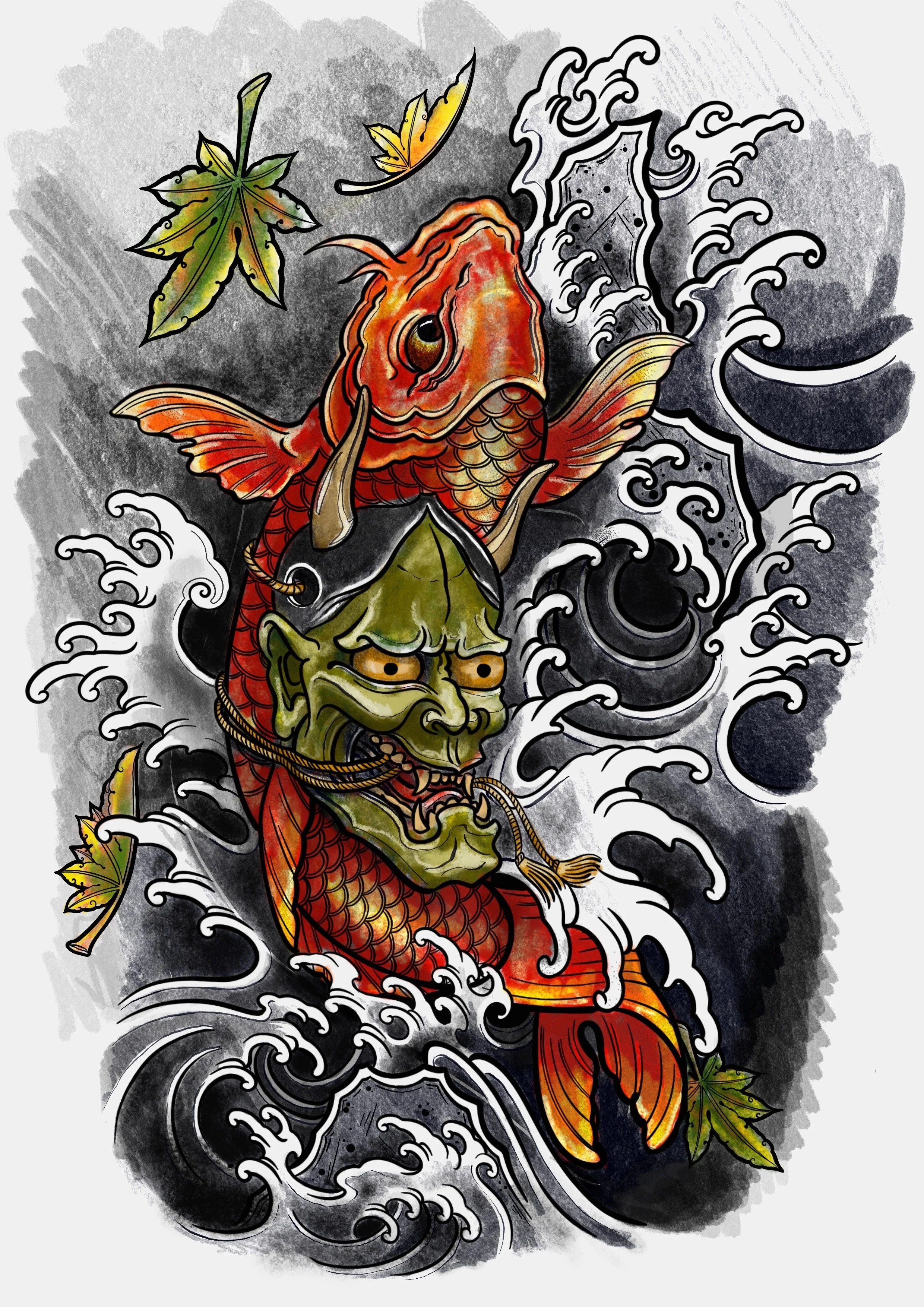 Tatuaje de un pez koi con una máscara de demonio en estilo tradicional japonés, rodeado de hojas y agua