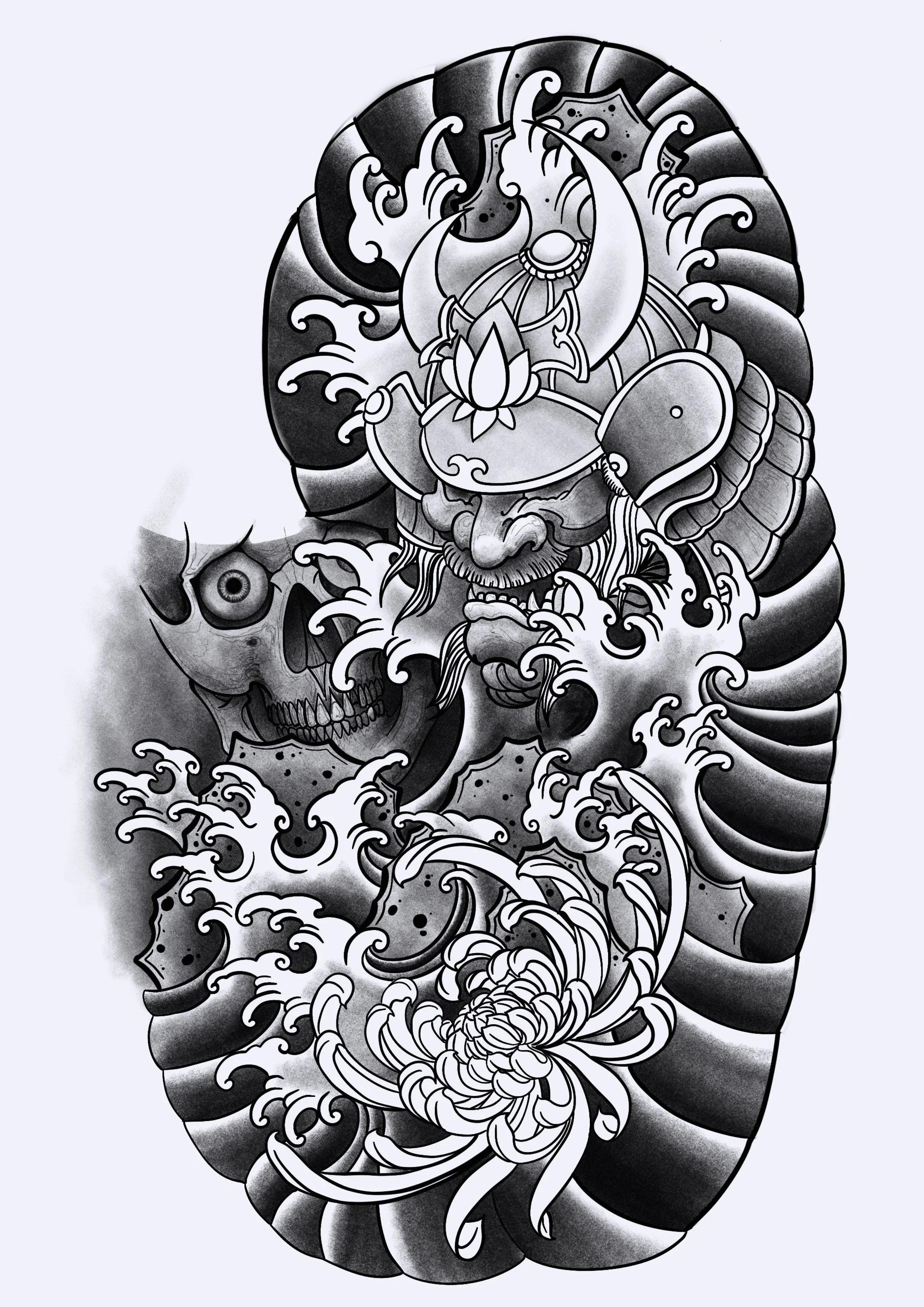 Dibujo en estilo tradicional japonés de un dios o guerrero con casco ornamentado, rodeado de olas, una calavera y elementos de agua