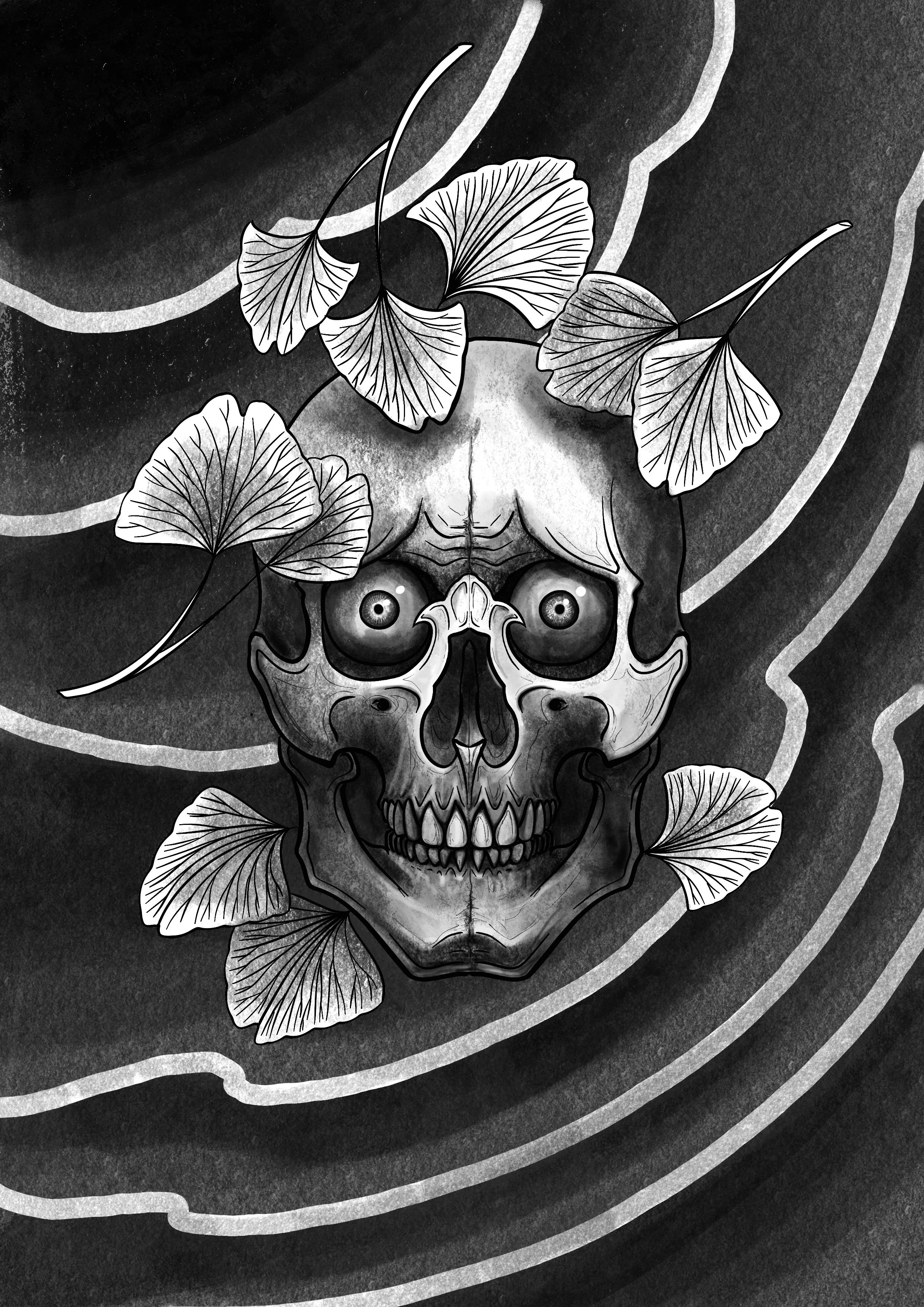 Dibujo en blanco y negro de una calavera rodeada de hojas de ginkgo, con un fondo oscuro y líneas onduladas.