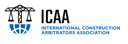 Logo of the International Construction Arbitrators Association with a crane and globe icon