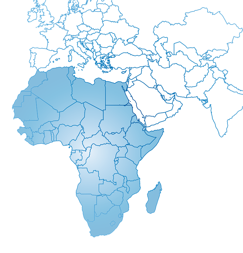 A map of Africa with countries outlined and shaded in various shades of blue.